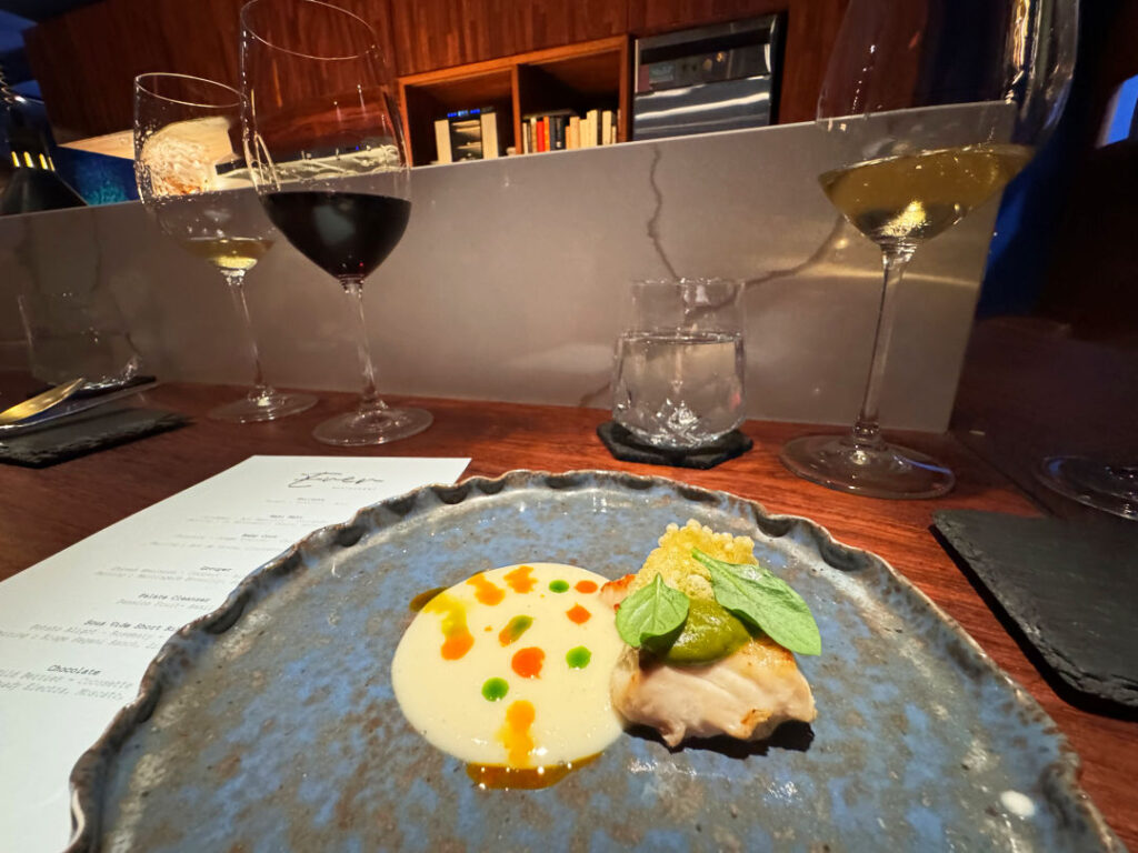 Grouper with chives emulsion coconut achiote tapioca at Ever Restaurant Aruba 1024x768