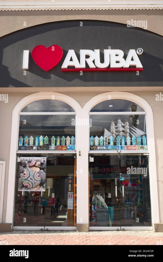 oranjestad aruba december 14 2020 the entrance of the i love aruba souvenir shop along lloyd g smith blvd near the cruise ship terminal in oranj 2K24Y2R 638x1024