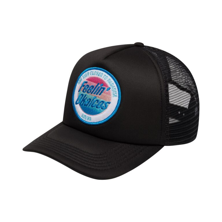 OKAICOS Black Aruba Patch Trucker Hat Front View 768x768