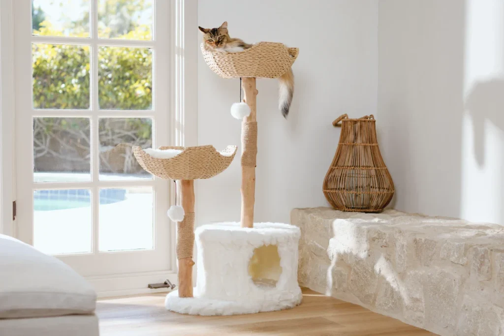 cento modern wicker basket cat tree for large cats cotton white 01 1024x683