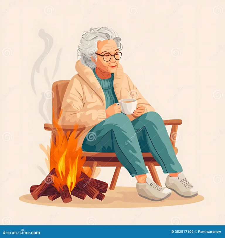 charming image showcases peaceful grandma enjoying quiet moment fire cup tea embodying warmth 352517109 768x811